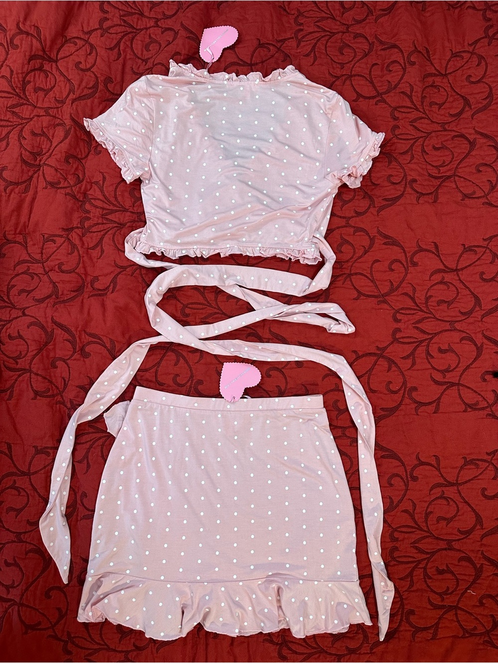 Sugar Thrillz Pink Polka Dot Wrap Crop Top & Ruffle Skirt Set - Picture 2 of 7